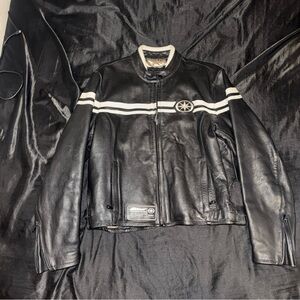 Men's Black Leather Racing Jacket with White Stripe Detail